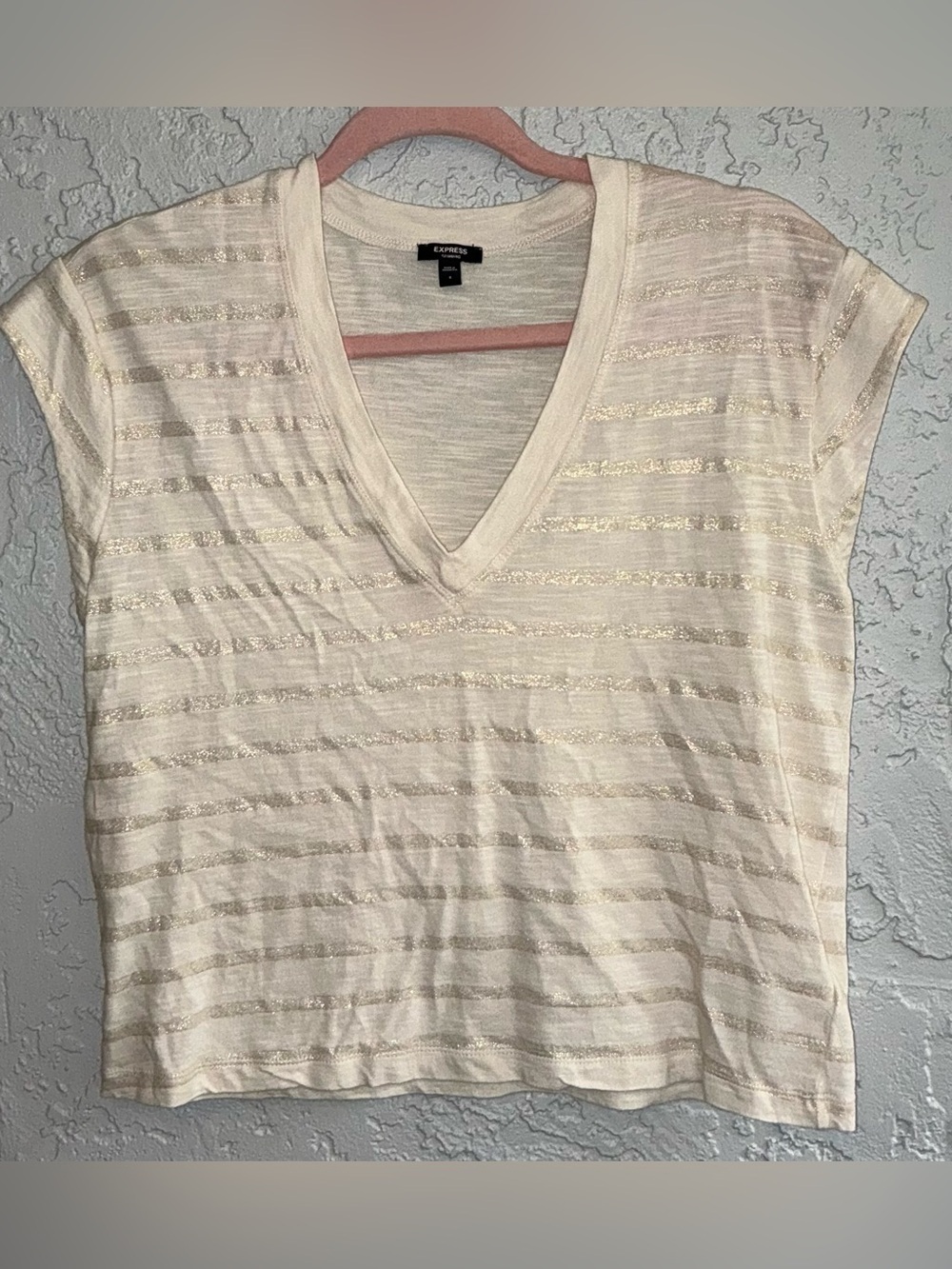Express Cream V-Neck Short Sleeve Top with Shimmer Gold Stripes